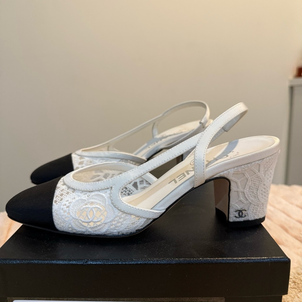 Chanel Black and White Sling Back